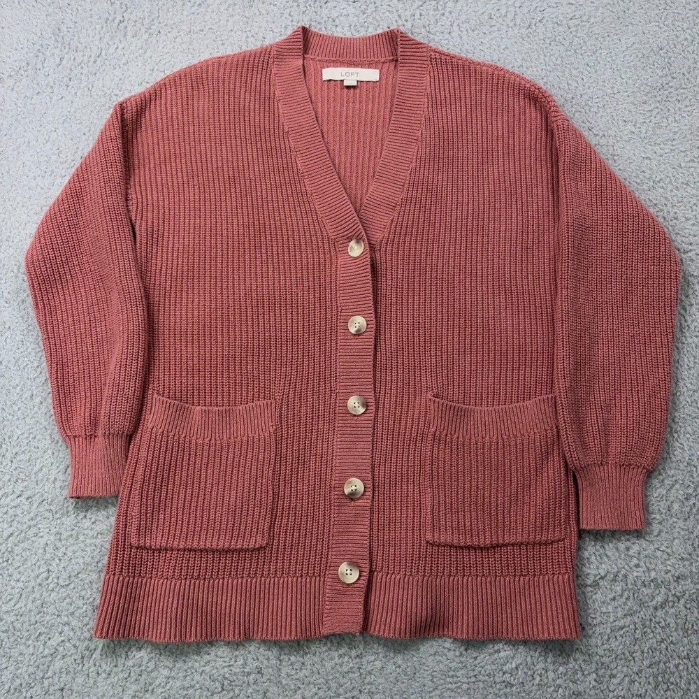 Ann Taylor LOFT Sweater Womens M Pink‎ V Neck Button Up Cardigan Shaker Stitch